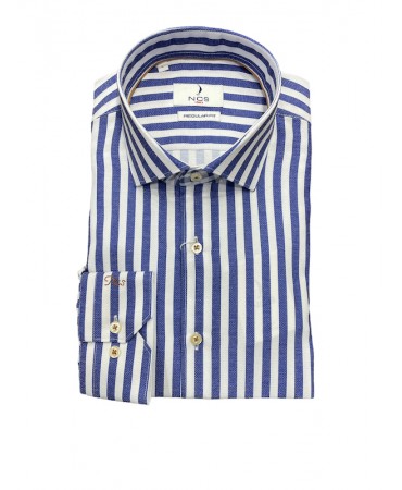 Men's shirt on a white base with a wide stripe in blue color