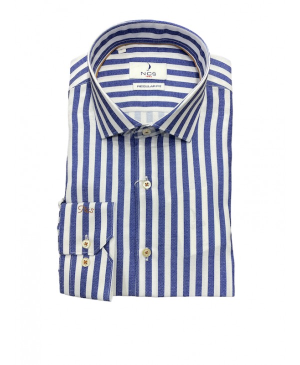 Men's shirt on a white base with a wide stripe in blue color  NCS SHIRTS