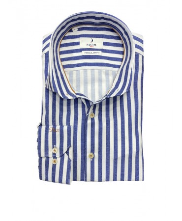 Men's shirt on a white base with a wide stripe in blue color