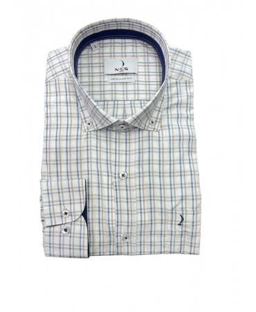 Men's shirt blue and beige on an ecru base as well as blue finishes inner collar and cuff