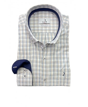 Men's shirt blue and beige on an ecru base as well as blue finishes inner collar and cuff