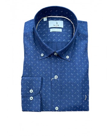 Men's shirt with small design white and beige on a blue base