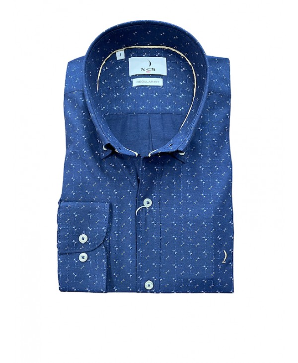 Men's shirt with small design white and beige on a blue base  NCS SHIRTS