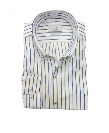 Men's shirt striped blue in white base with button on collar