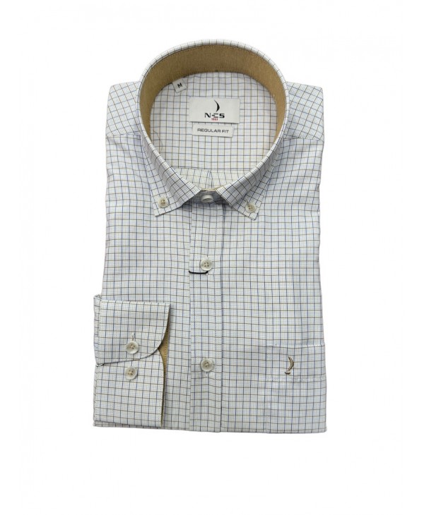 White shirt with blue and beige plaid and special trims on the inside of the collar and cuffs  NCS SHIRTS