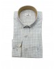 White shirt with blue and beige plaid and special trims on the inside of the collar and cuffs  NCS SHIRTS