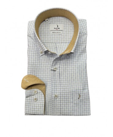 White shirt with blue and beige plaid and special trims on the inside of the collar and cuffs