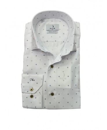 White shirt for men with a blue and gray geometric pattern