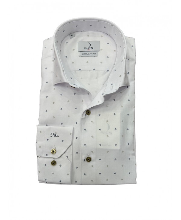 Λευκό πουκάμισο ανδρικό με γεωμετρικό σχέδιο μπλε και γκρι ΠΟΥΚΑΜΙΣΑ NCS