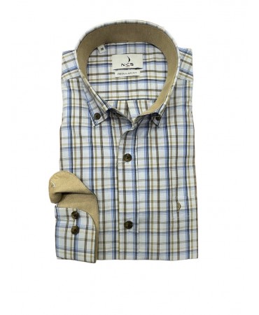 On a white base with a light blue and beige plaid shirt