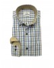 On a white base with a light blue and beige plaid shirt  NCS SHIRTS