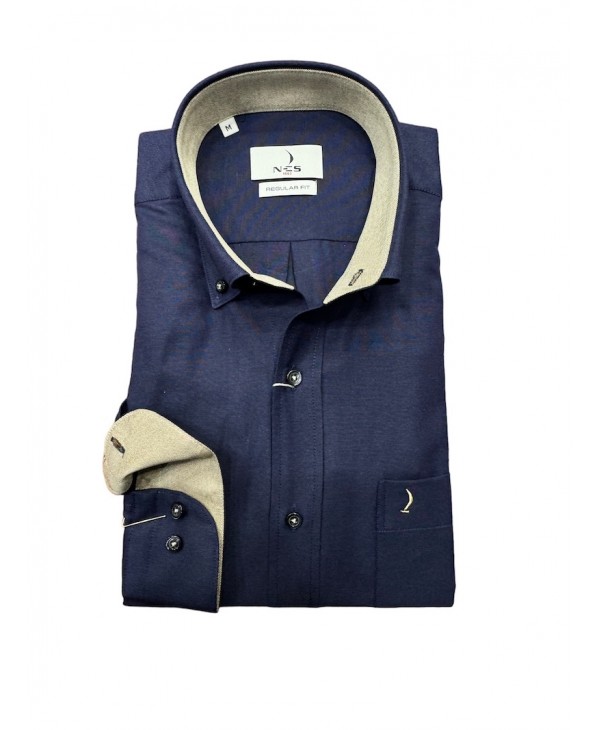 Ανδρικό μπλε μονόχρωμο πουκάμισο με τσέπη σε άνετη  την γραμμή  ΠΟΥΚΑΜΙΣΑ NCS