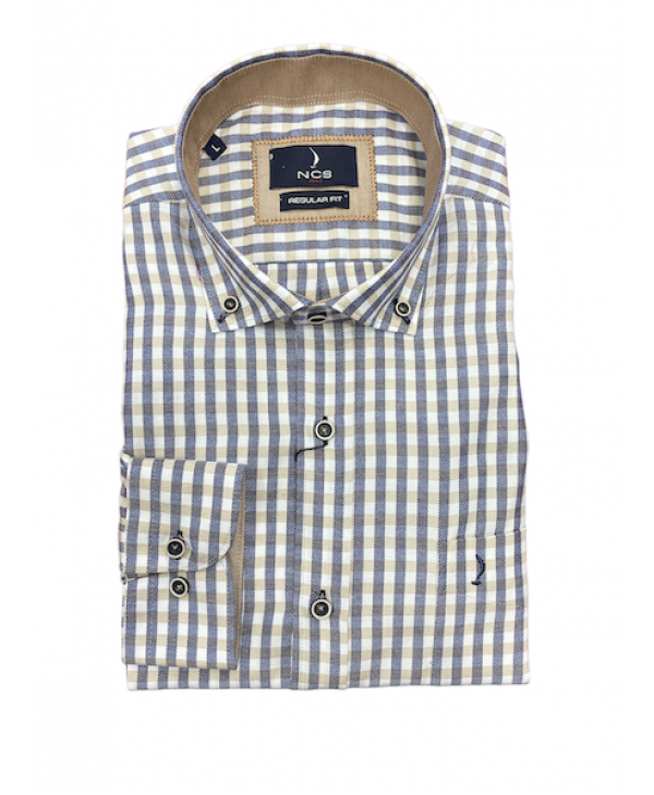 With blue and beige plaid on an off-white base men's shirt by Ncs  NCS SHIRTS
