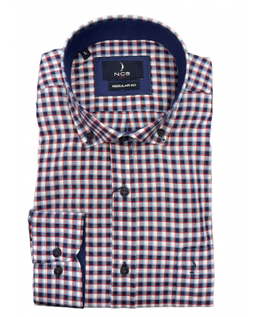 In a comfortable line men's ncs shirt in white base with blue and red check and pocket