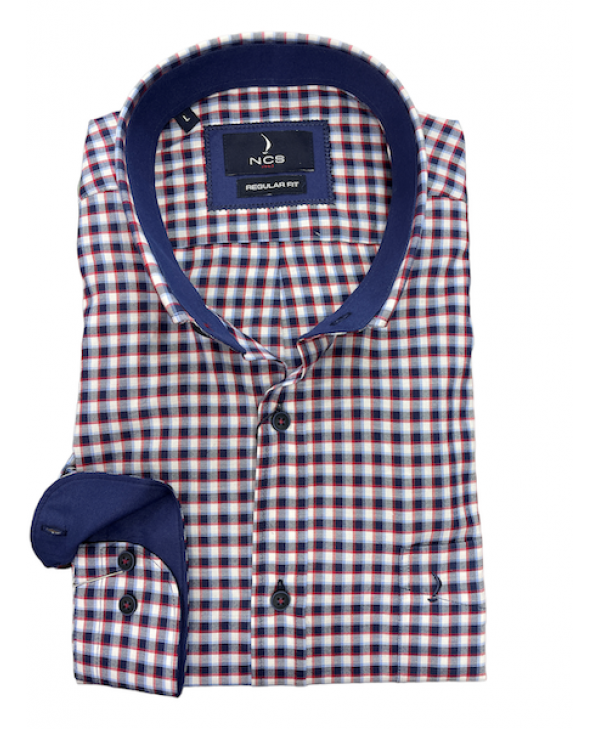 In a comfortable line men's ncs shirt in white base with blue and red check and pocket  NCS SHIRTS