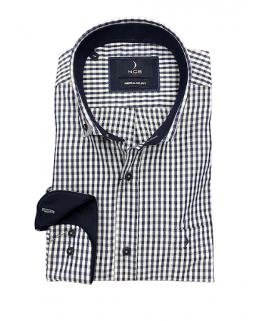 Shirt with blue and beige check on a white base and blue details by Ncs
