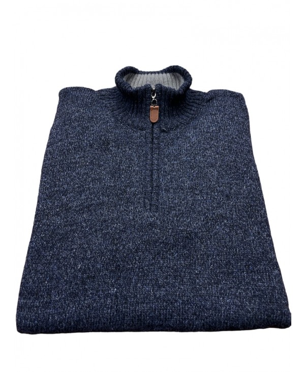 Woolen knit with zipper in a melange blue color POLO ZIP LONG SLEEVE