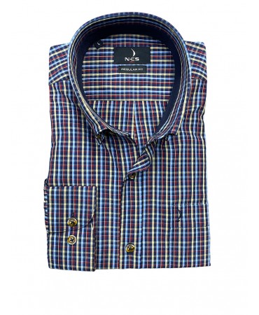 Ncs men's shirt on a blue base with red, beige and light blue plaid