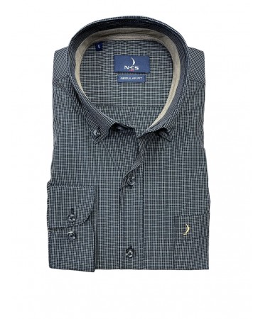 Men's shirt with beige check on a black base and details inside the collar in beige color