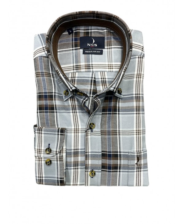 With checkered blue, brown and white on a gray base men's shirt in a comfortable line  NCS SHIRTS