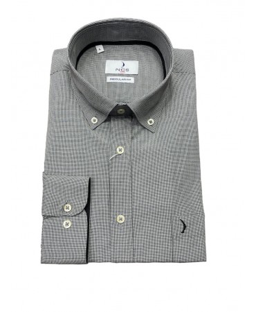 Men's gray shirt with black trim inside the collar and cuffs