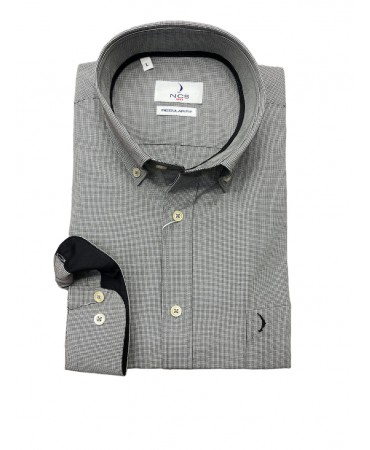 Men's gray shirt with black trim inside the collar and cuffs