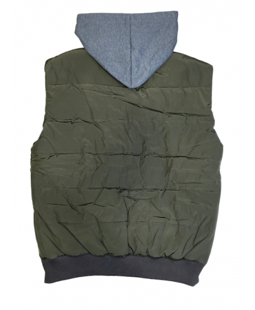 Olive colored sleeveless jacket with removable hood