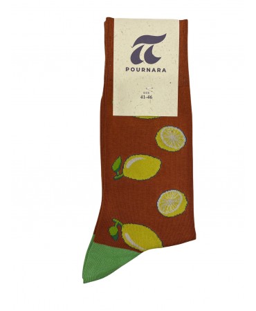 Modern Pournara sock in Brown Base with Yellow Lemons