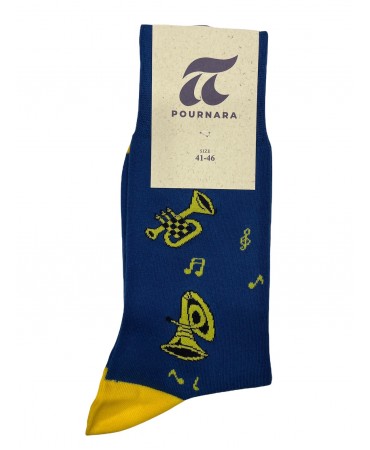 Pournara Socks Fashion in Blue Base with Yellow Musical Instruments and Notes