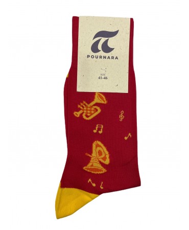 Socks Pournara Fashion in Red Base with Yellow Musical Instruments and Notes