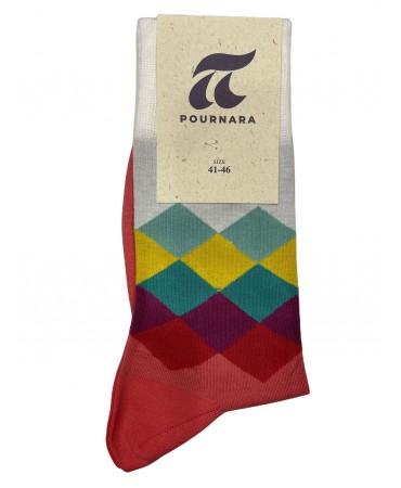 Socks Pournara in Pink Base with Colorful Rhombuses and White Finish