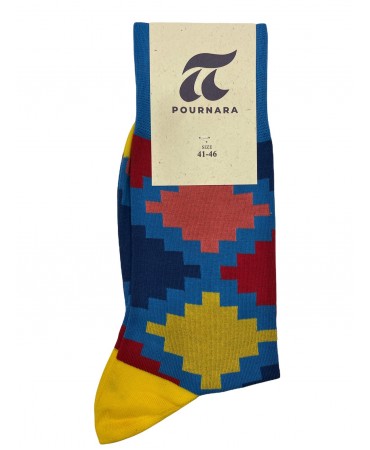 Pournara Sock in Turquoise Base with Geometric Shapes in Yellow, Red and Pink