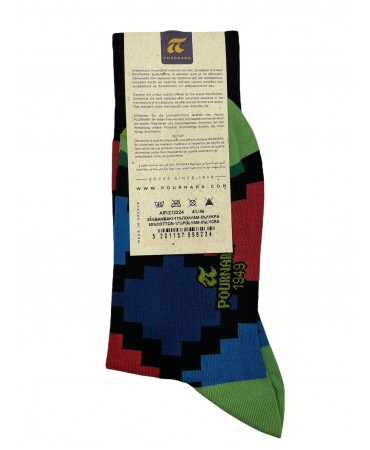 Pournara Sock in Black Base with Geometric Shapes in Green, Red and Blue