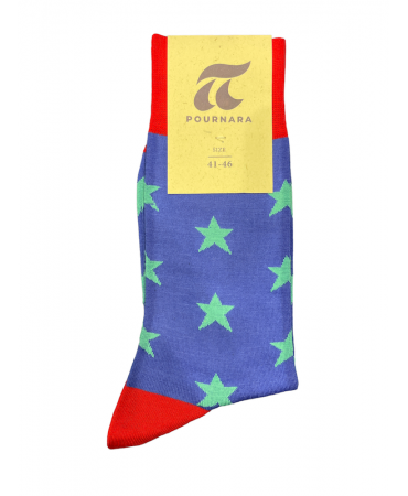 Blue sock with light green stars and red trim