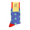 Blue sock with light green stars and red trim