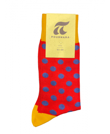 With blue big polka dots on a red base sock by Pournara