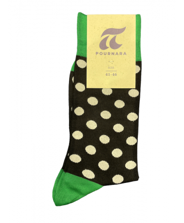 Pournara's sock on a black base with white polka dots and green trim