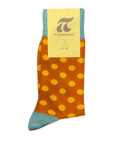Pournaras socks in brown base with beige polka dots and blue elastic and heel