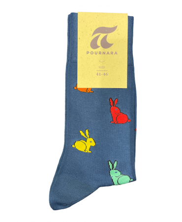 With colored bunnies on a blue sock base by Pournara