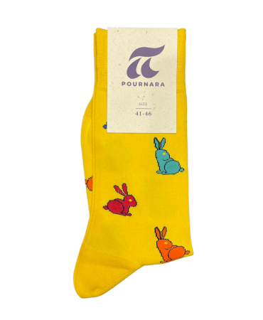 Design Young by Pournara yellow base sock with red green and orange bunny