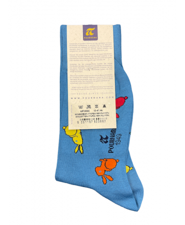 Socks from the Design Young collection by Pournara on a light blue base with colorful bunnies