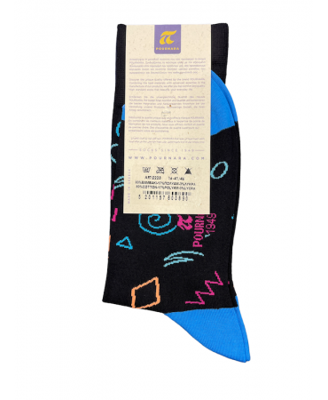 With an asymmetrical colorful design on a black sock base by Pournara