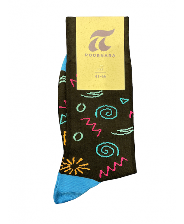 With an asymmetrical colorful design on a black sock base by Pournara 