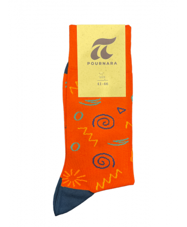 Modern sock by Pournara in an orange base with an asymmetrical colorful design