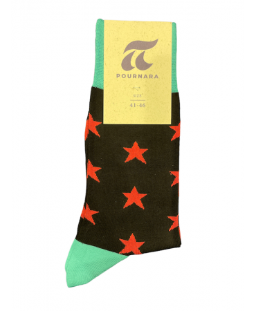 Men's black sock with red stars and light green on the rubber and heel