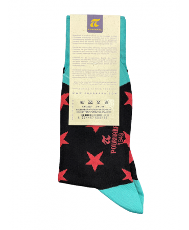 Men's black sock with red stars and light green on the rubber and heel