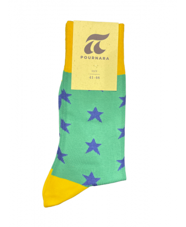 Pournara stockings in light green with blue stars and yellow rubber and heel