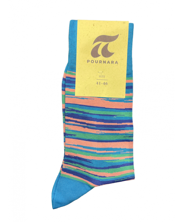 Pournara men's sock with asymmetric pink blue and green stripes on a blue roux base POURNARA FASHION Socks