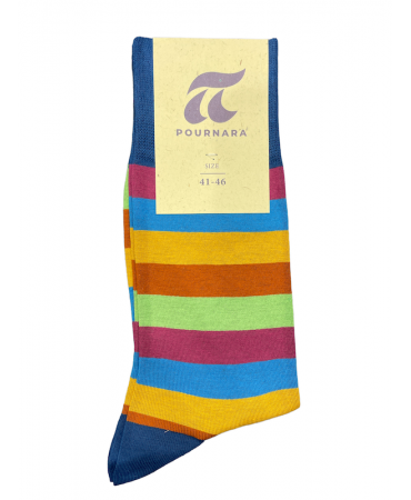 On a blue base with wide stripes in various colors Pournara sock