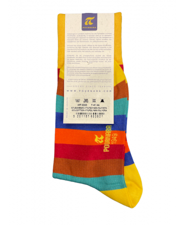 Stocking on a yellow base with colorful wide stripes of Pournara